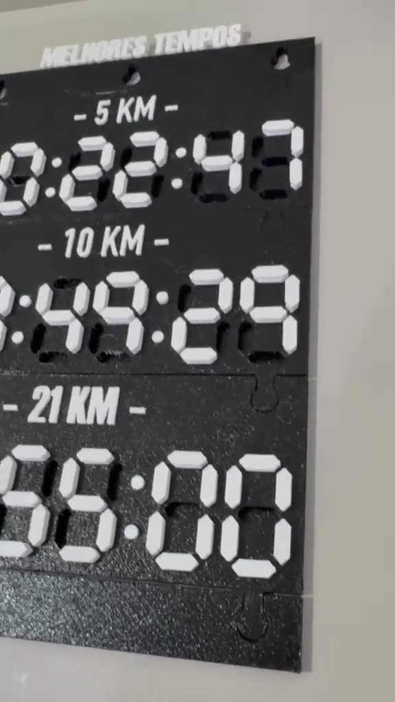 Painel com os tempos 00:22:47, 00:49:29 e 01:55:00 montados